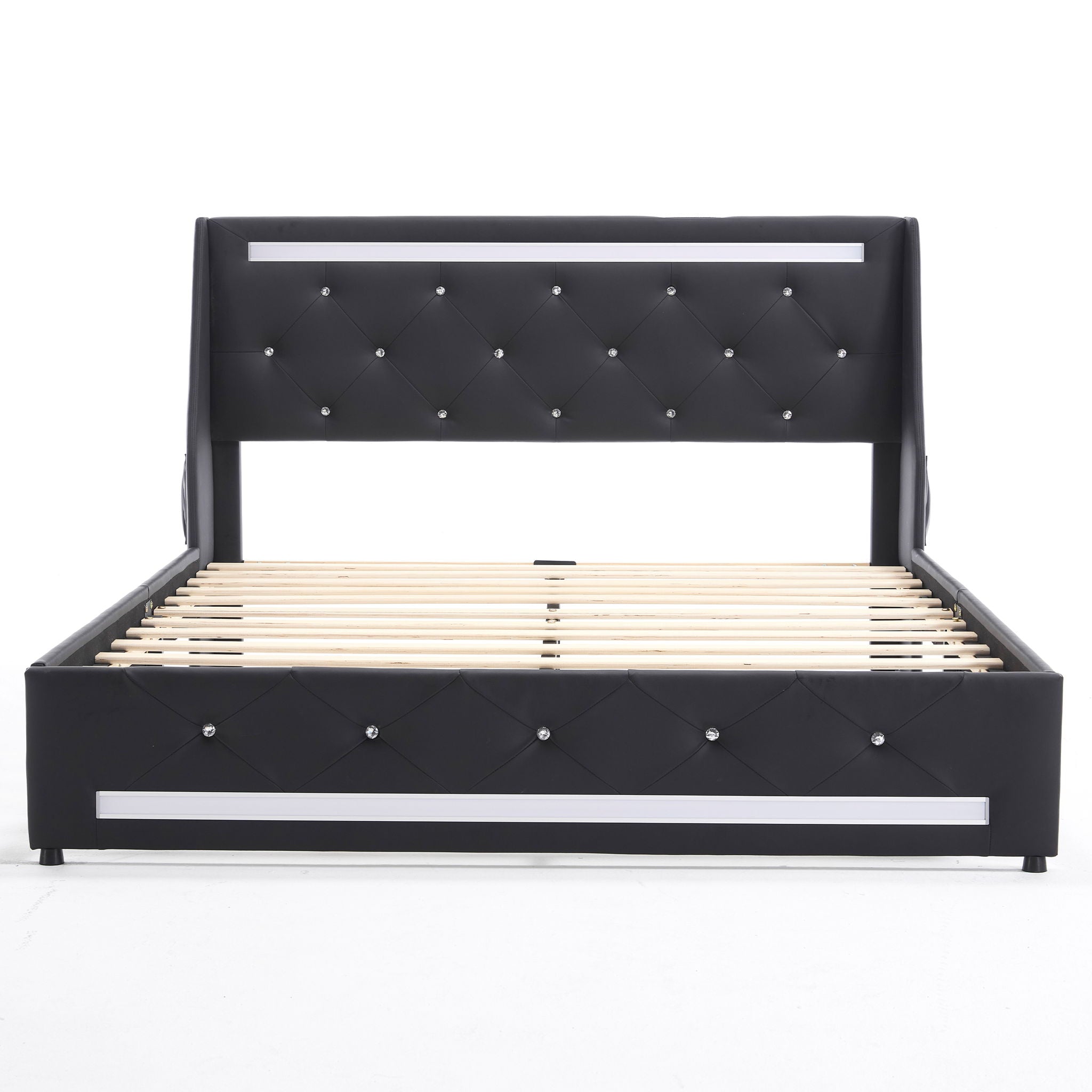 Wingback Upholstered Bed Frame With LED Lights, Charging Station
