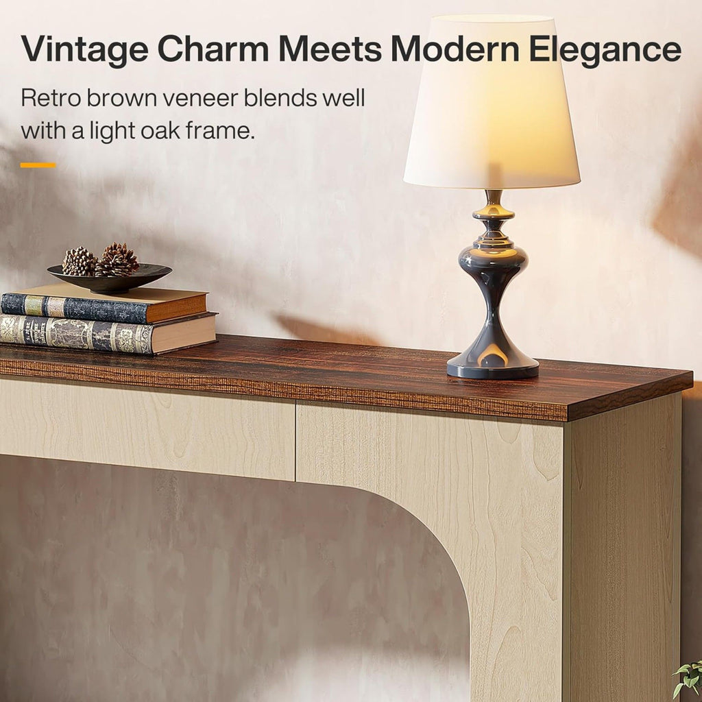 2 Tier Narrow Console Table With LED Lights For Entryway - Brown