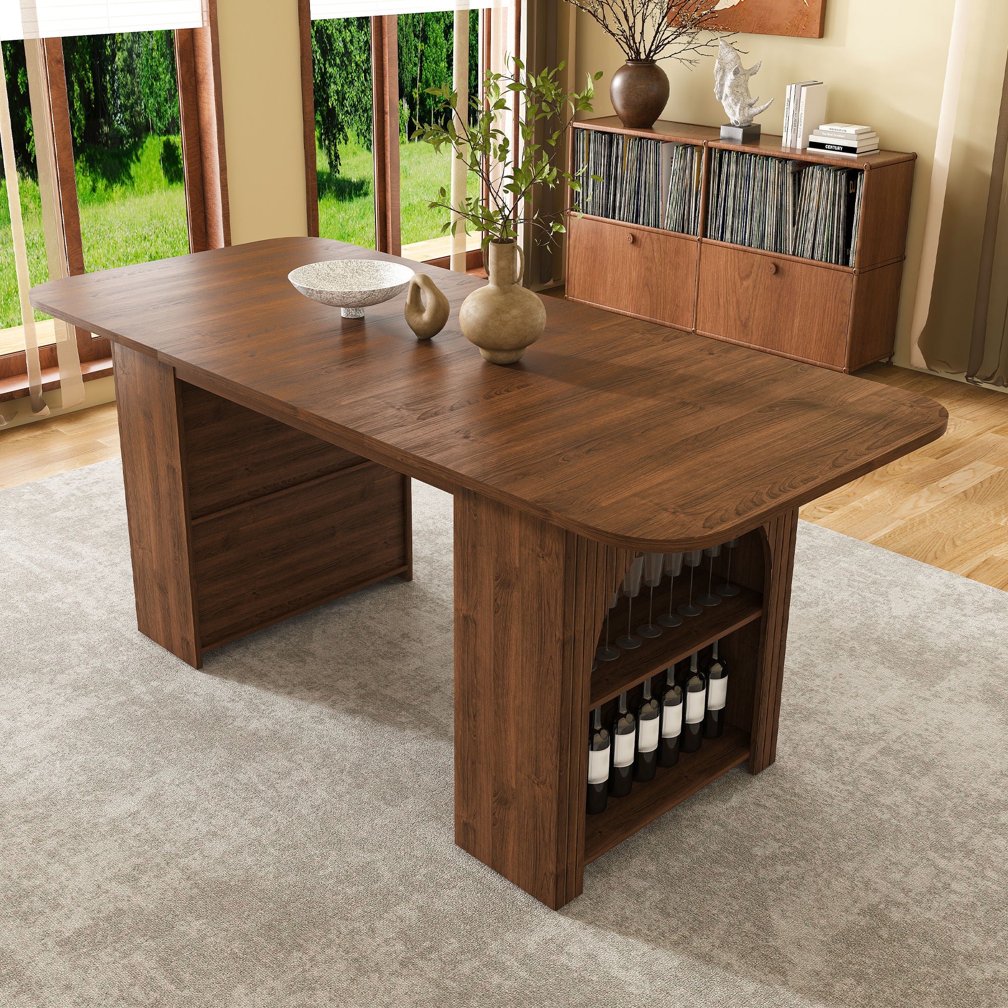 Dining Table With Drawers & Open Storage - Walnut