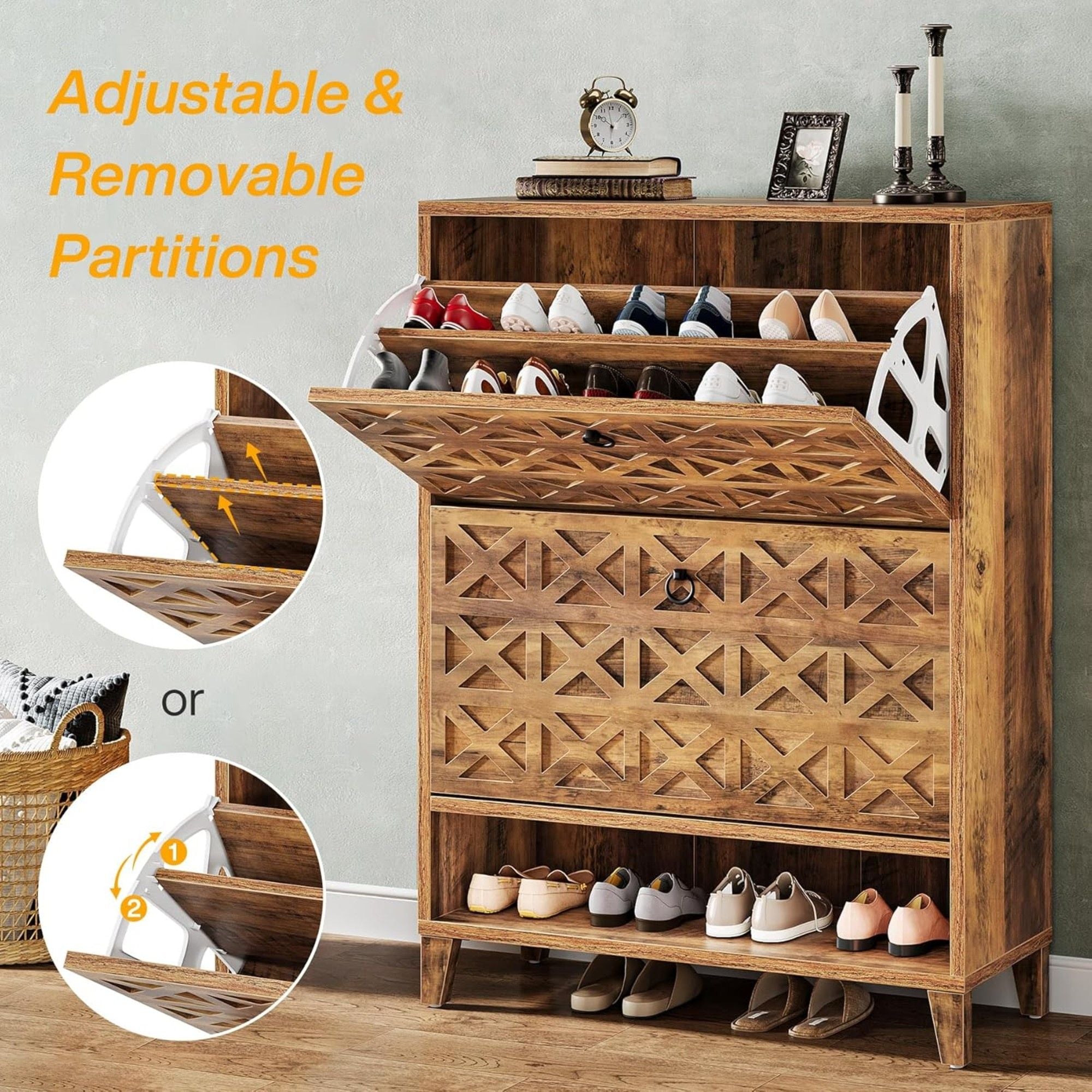 Narrow Shoe Cabinet With 2 Flip Drawers For Entryway Organizer - Rustic Brown