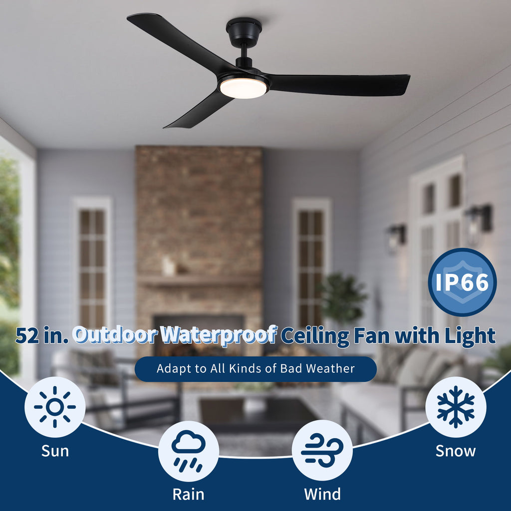 All Weather Outdoor Waterproof Ceiling Fan With Light And Quiet Motor For Patio Porch - Black