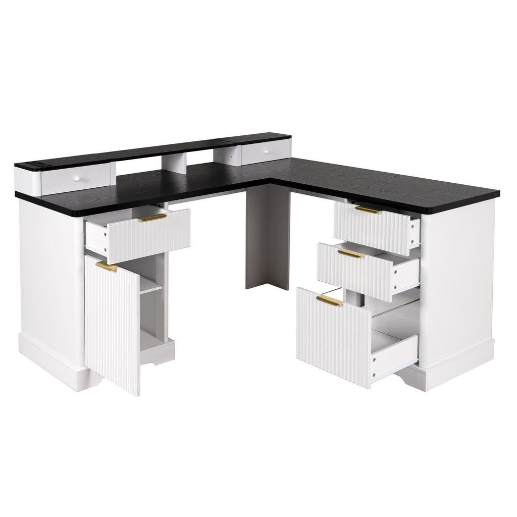Fluted L-Shaped Desk With Charging Station & Storage Cabinet