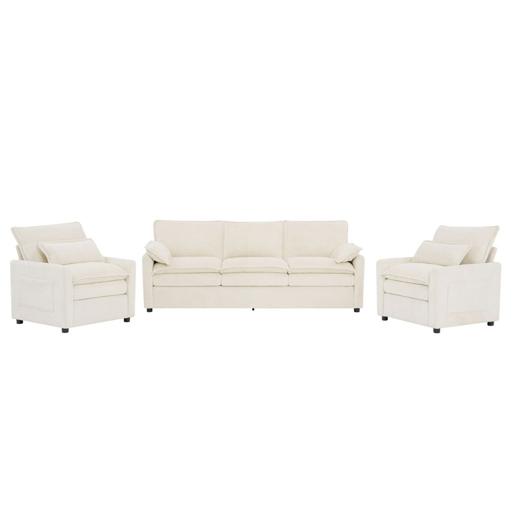 Modern Sofa Set With Double Layer Cushion And Side Storage Pockets