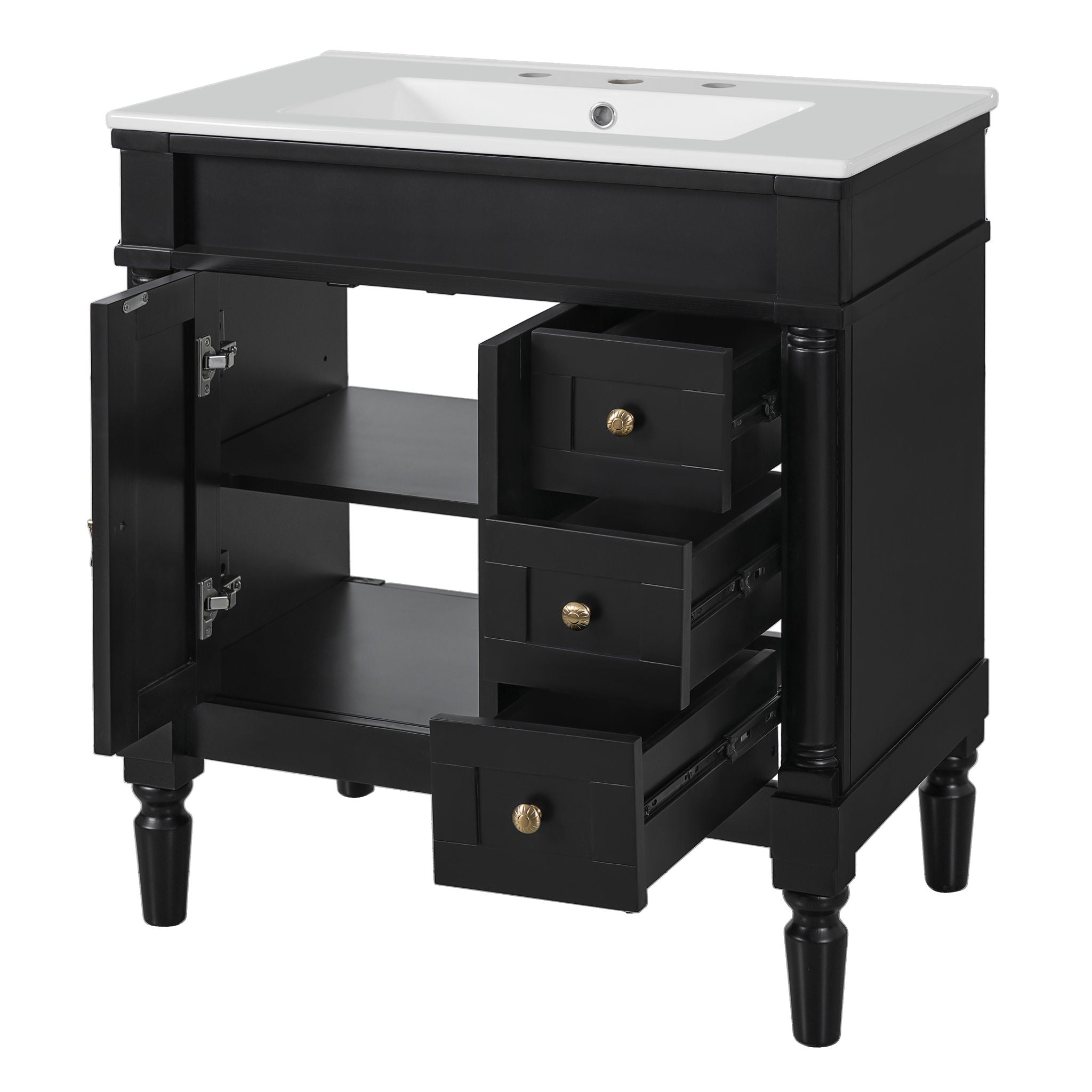 Bathroom Vanity With Ceramic Sink, 2 Doors 3 Drawers, Soft Close Design