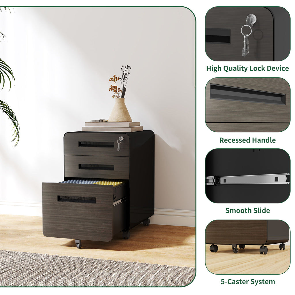 3-Drawer Mobile File Cabinet With Lock, On Casters, Holds A4/Letter Files
