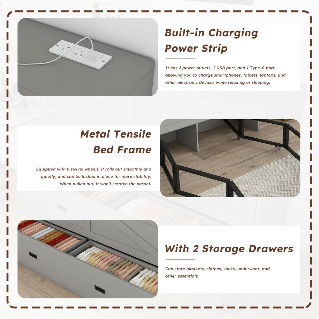 Full Murphy Bed With Storage Drawers, Charging Station, Foldable Panels, And Silent Swivel Wheels