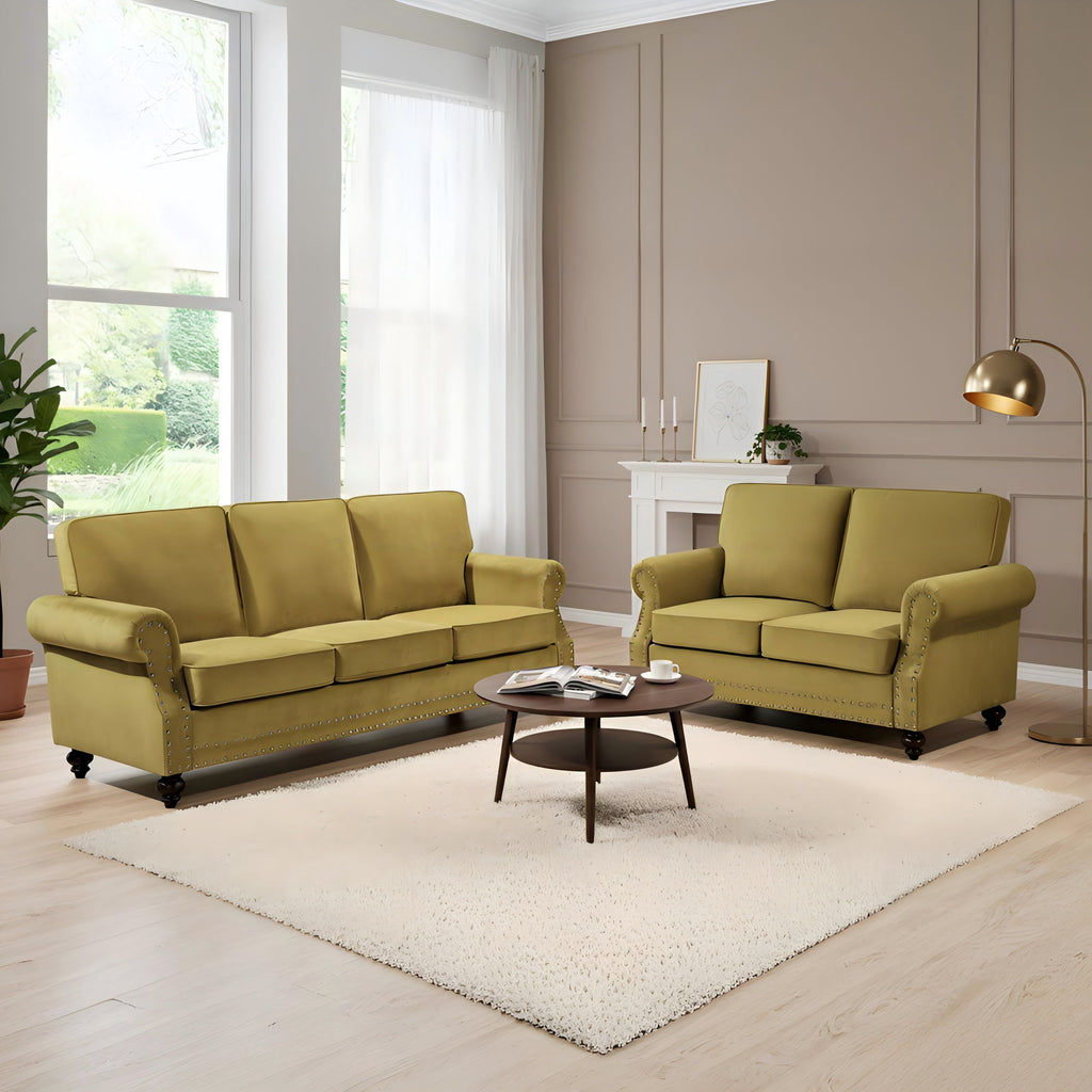3 Seater Sofa With Nailhead Trim And Turned Legs For Living Room