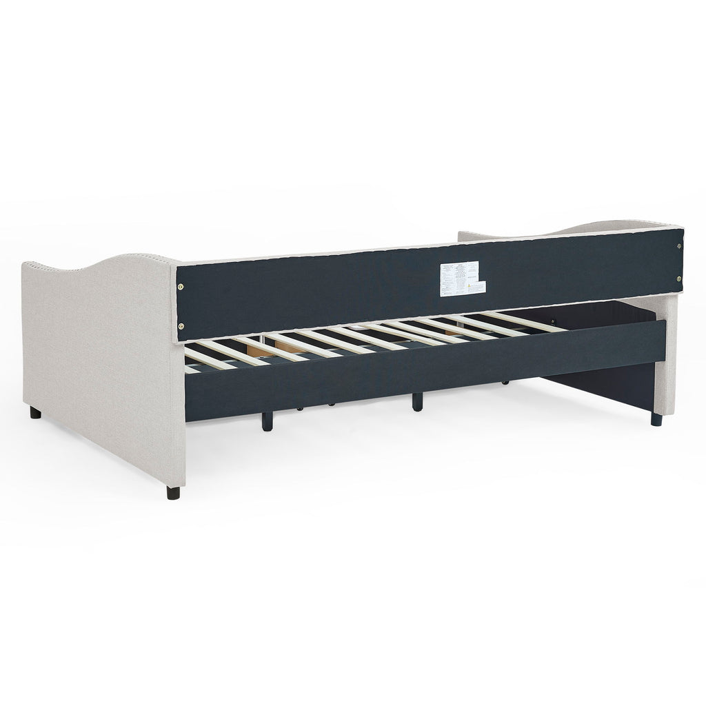Upholstered Tufted Daybed With Drawers, Waved Arms
