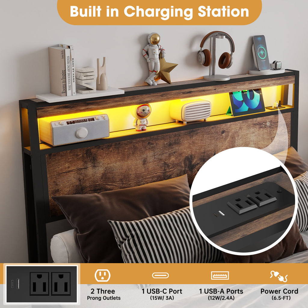 Bed Frame With Headboard, LED Lights & Charging Station