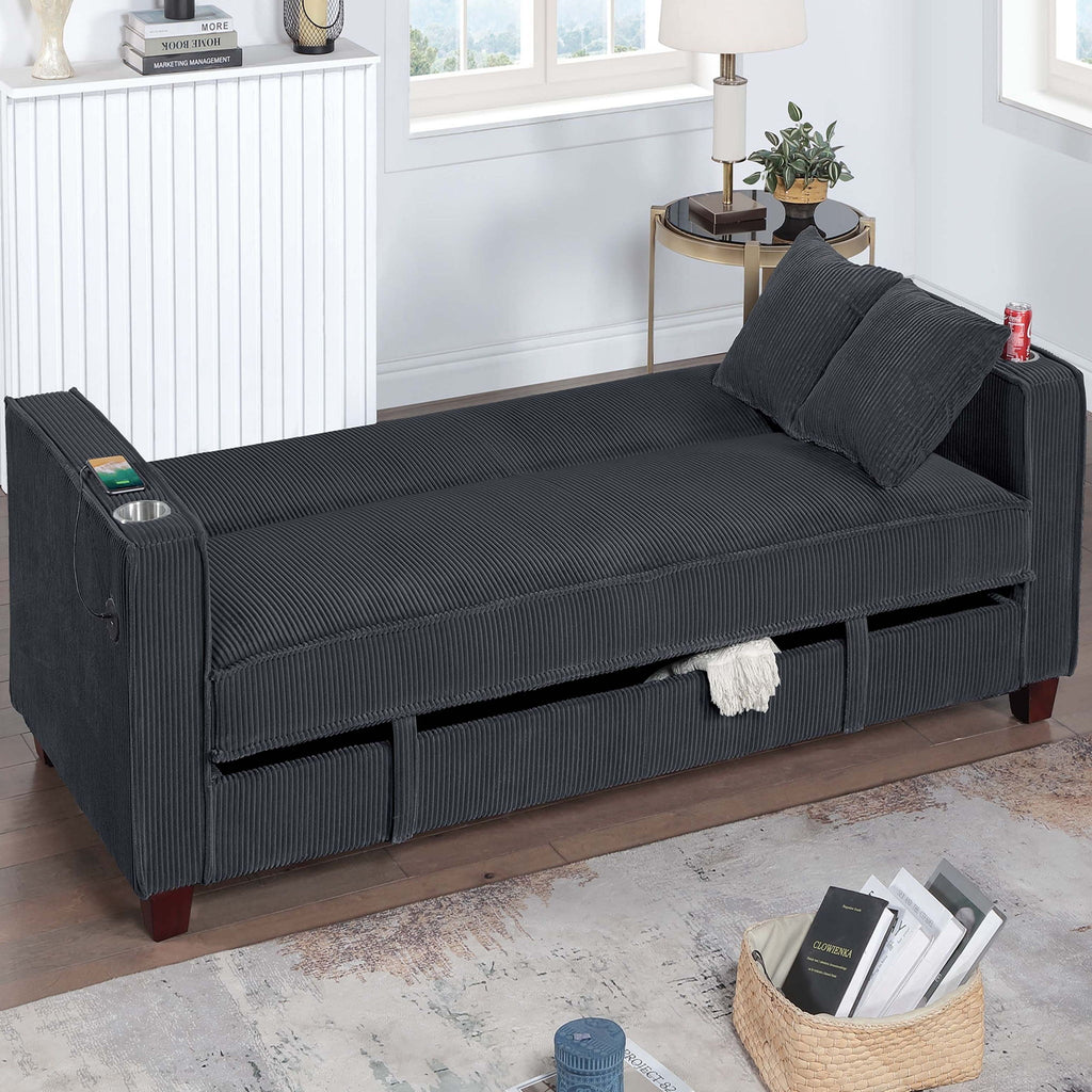 Modern Convertible Sofa With Hidden Storage USB Port, Cup Holder