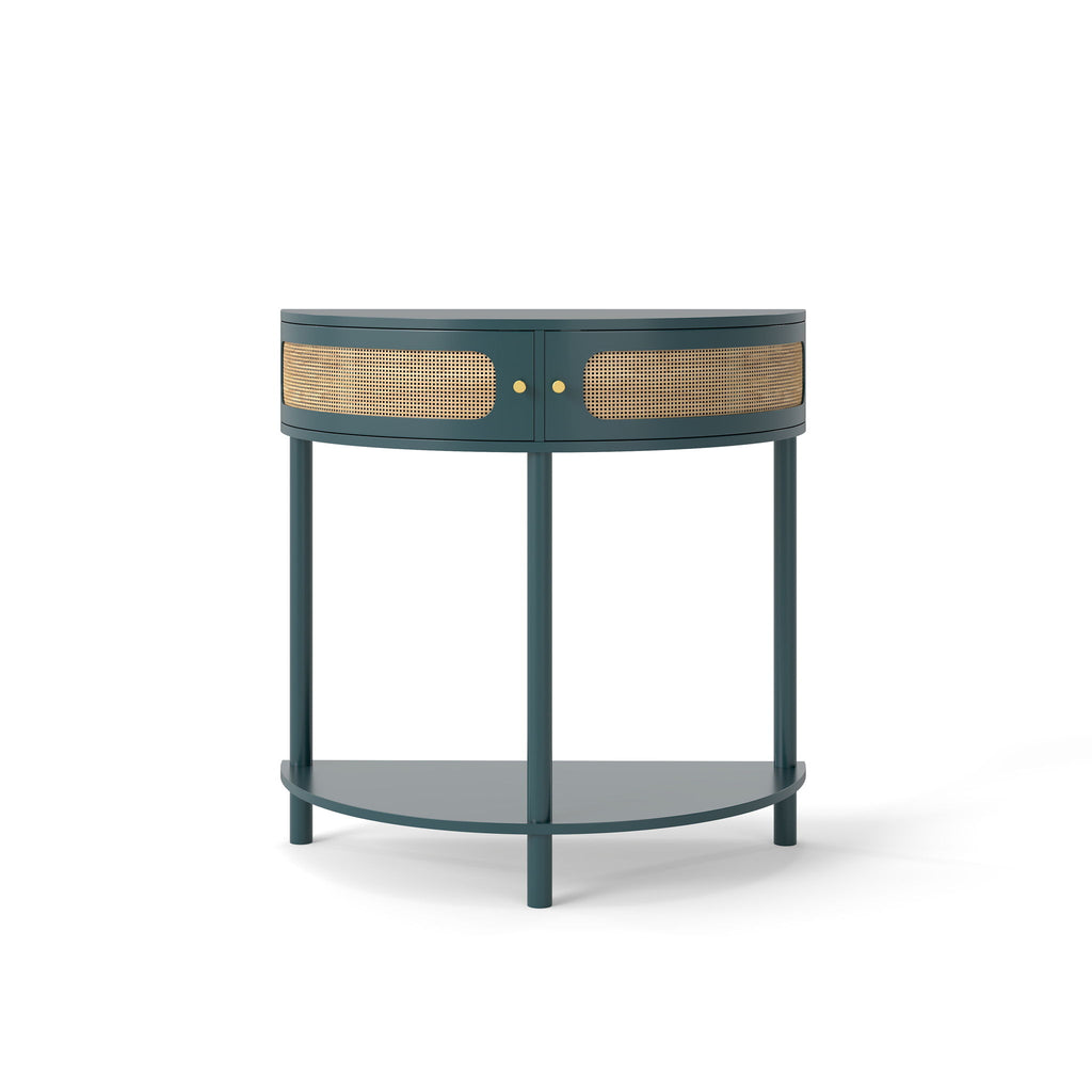 Boho Rattan Semi Circle End Table With Sliding Rattan Door, Storage And Bottom Shelf