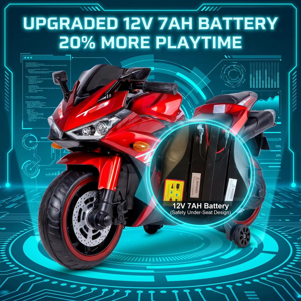 Kids 12V Motorcycle With Training Wheels, Manual Throttle, And Lighting Wheels For Boys And Girls Ages 3-6 - Red