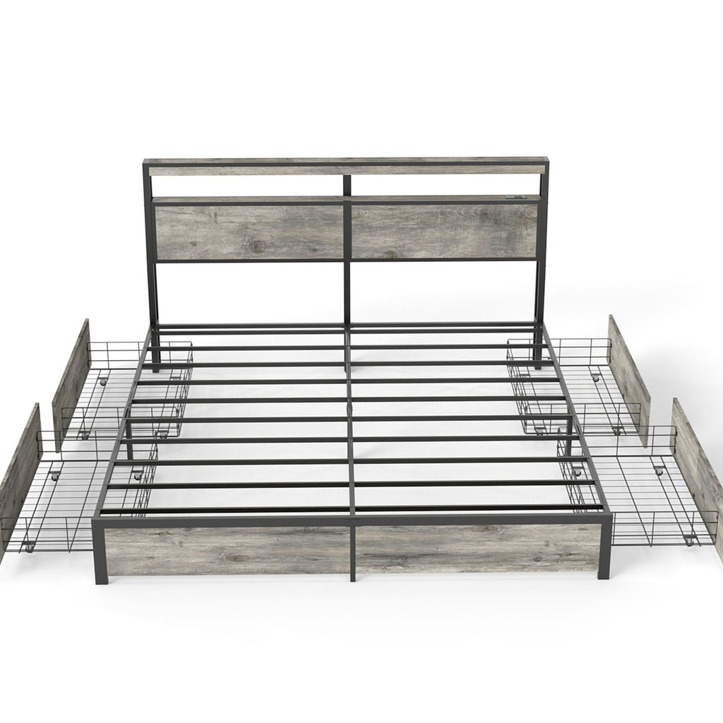 Bed Frame With Headboard, LED Lights & Charging Station