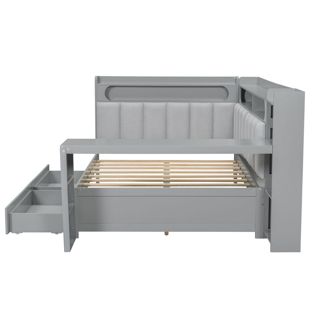 Daybed With Upholstered Headboard, Storage Shelves, Drawers, Charging Station, LED Light, And Adjustable Desk