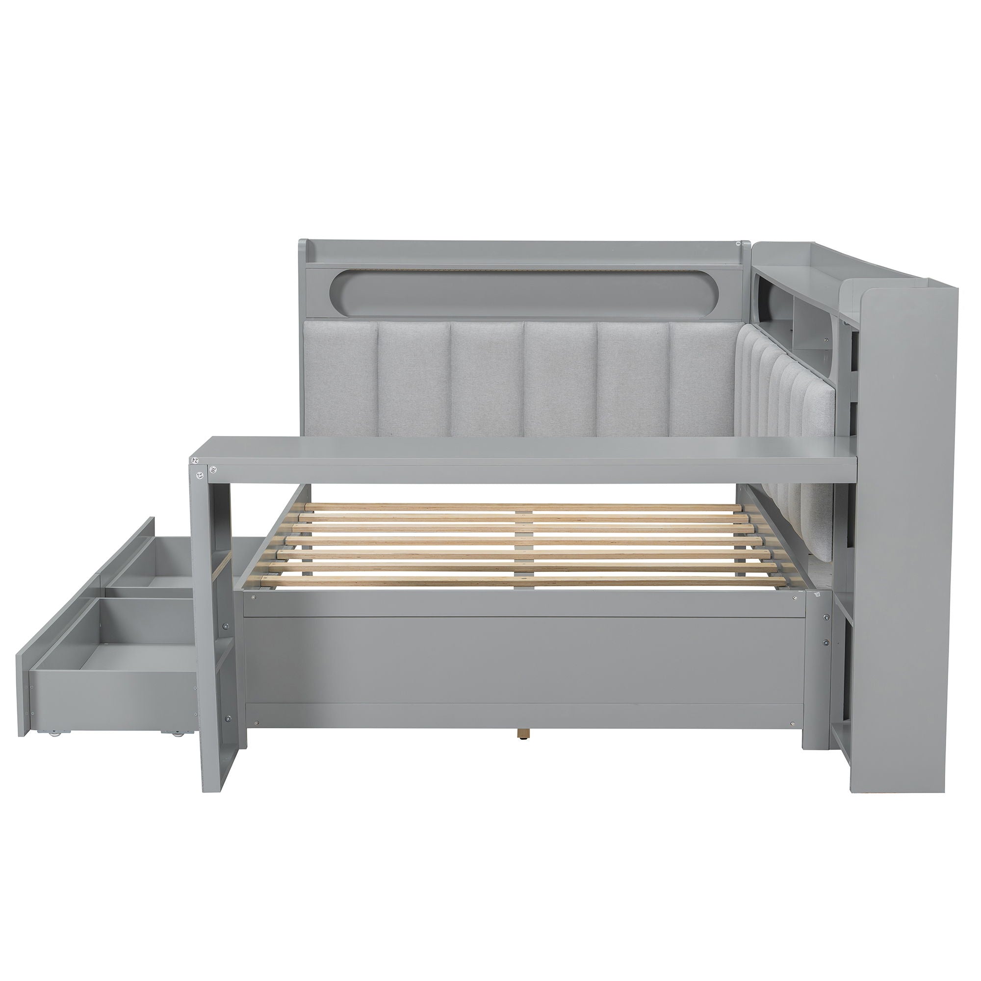 Daybed With Upholstered Headboard, Storage Shelves, Drawers, Charging Station, LED Light, And Adjustable Desk