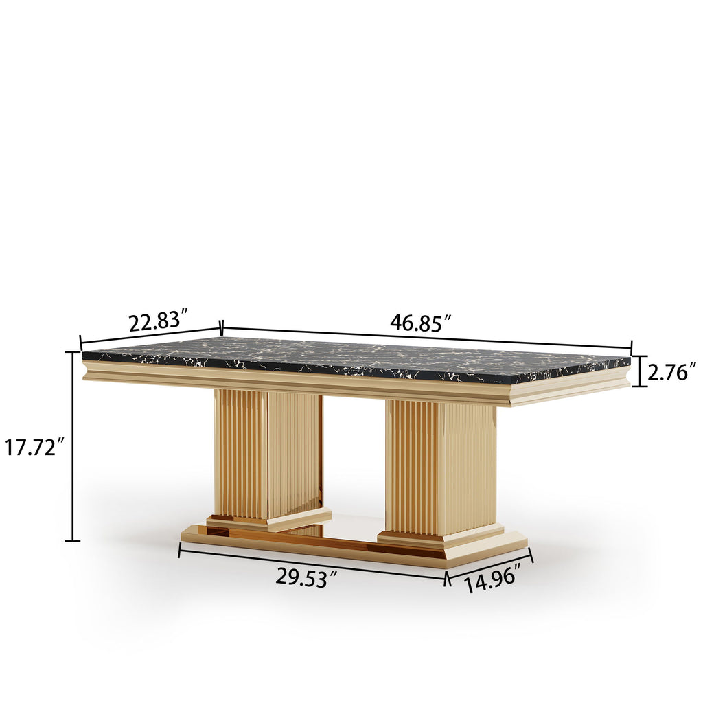 Marble Printed Top Rectangular Table, Stainless Steel Base With Mirrored Finish