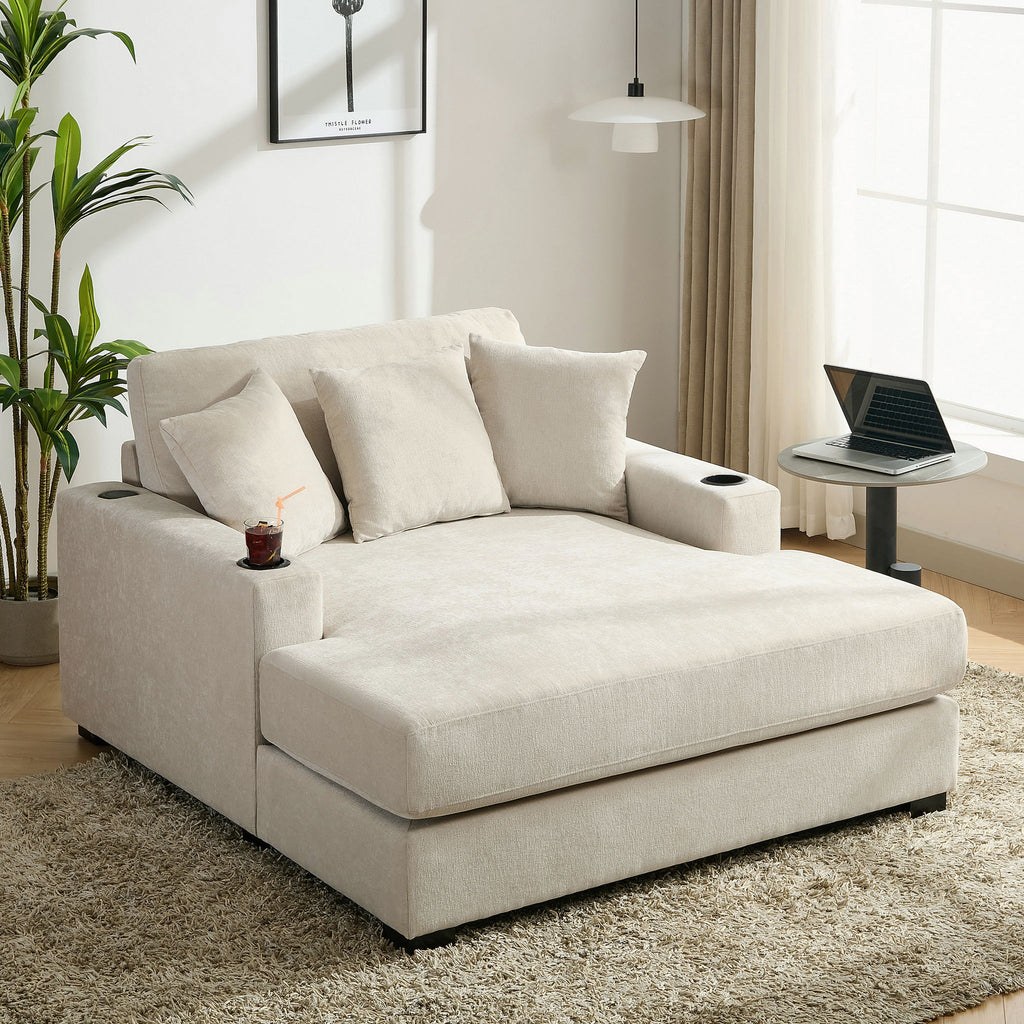 Oversized Chaise Lounger Modern Style Sofa Couch With Pillows, Charge Station & Cup Holders