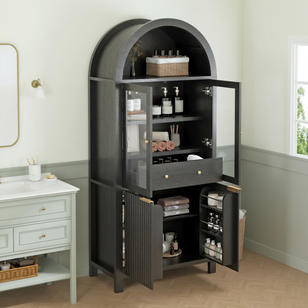 Fluted Tall Arched Pantry Cabinet With Adjustable Shelves, Glass Door & Hidden Drawer For Kitchen