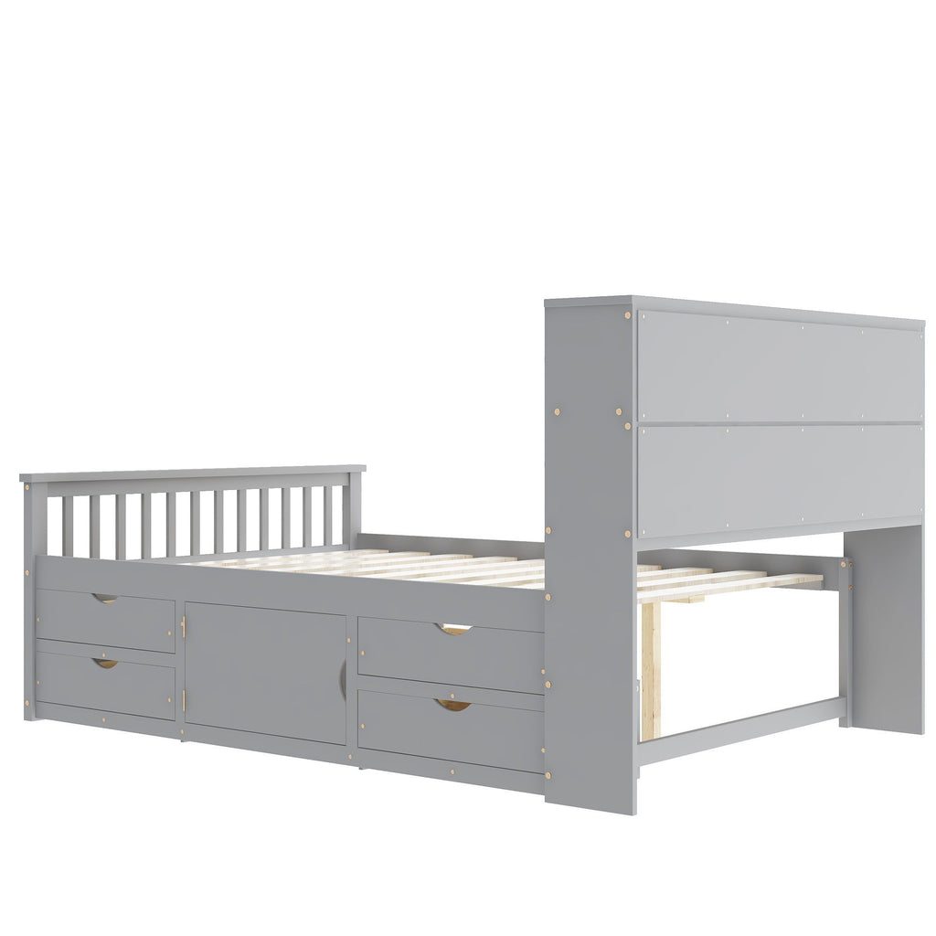 Captain Platform Bed Frame With Bookcase Headboard, 4 Drawers, Storage Shelves