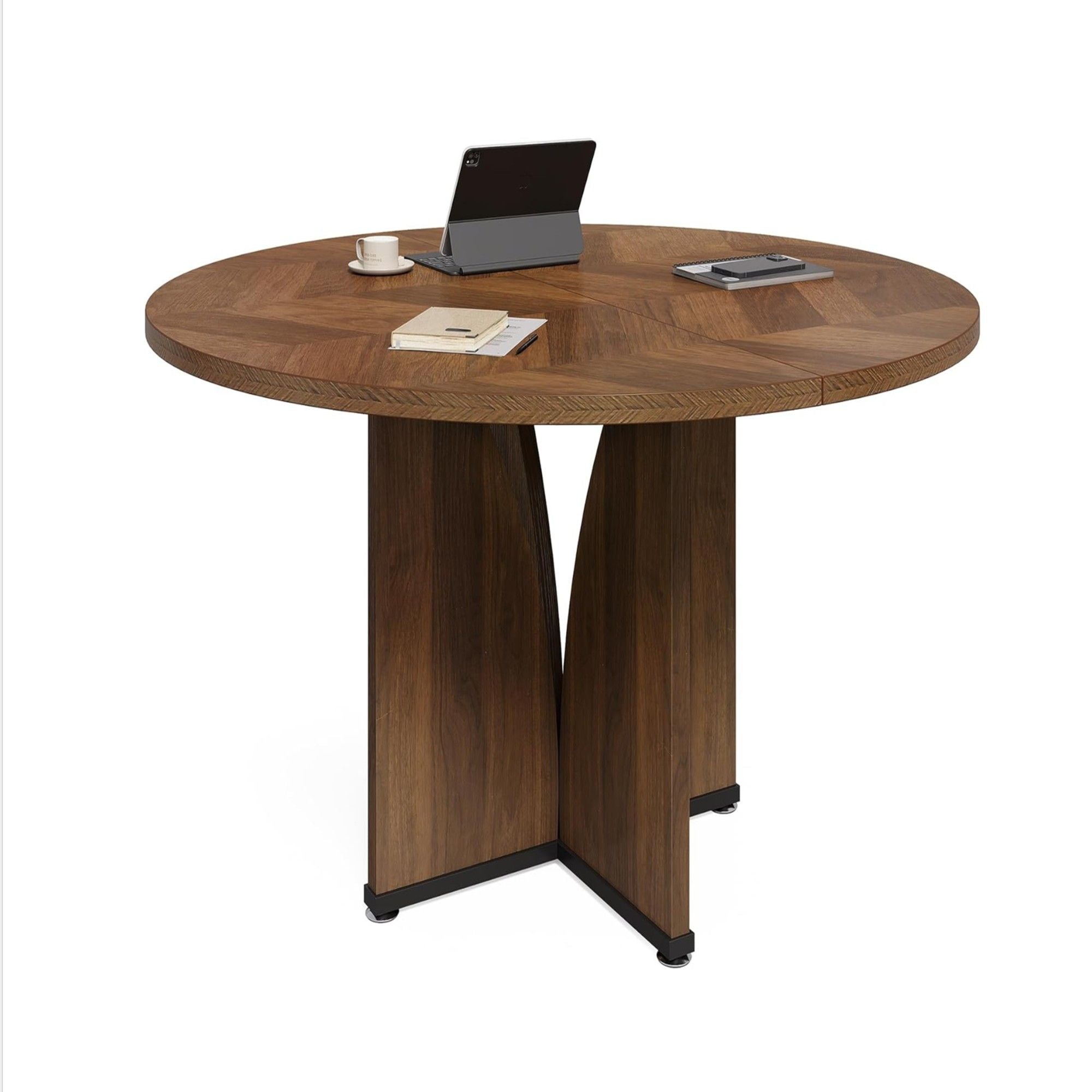 Round Conference Table With X Base - Dark Brown