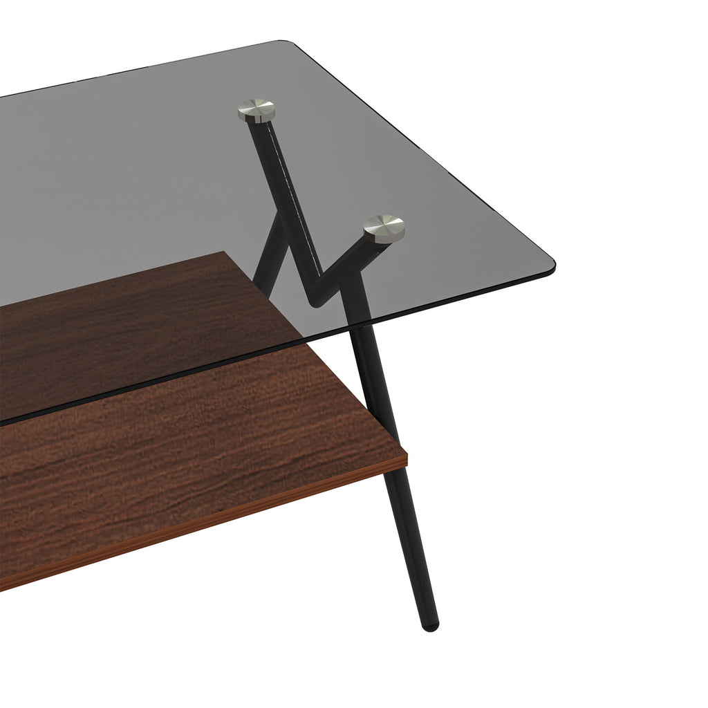 Rectangle Coffee Table With Tempered Glass Top And Shelf, Modern Table For Living Room