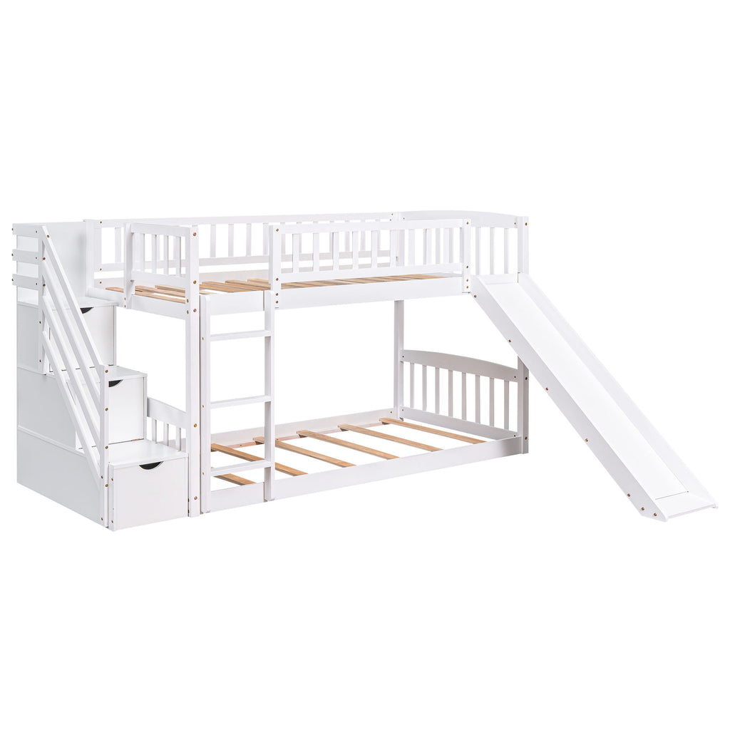 Twin Over Twin Stairway Bunk Bed With Two Drawers And Slide