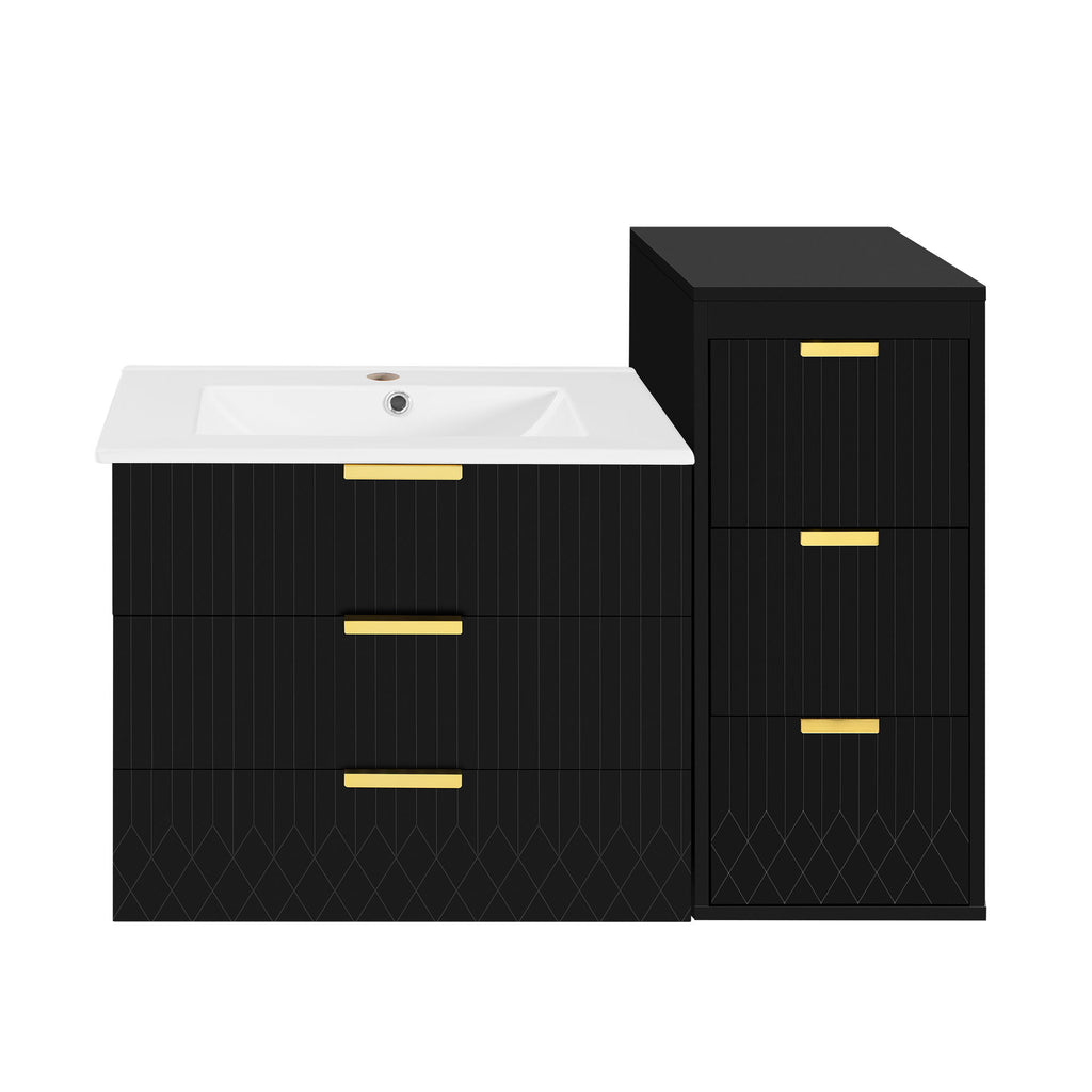 Wall Mounted Floating Cabinet With Double Drawer, Rectangular Sink