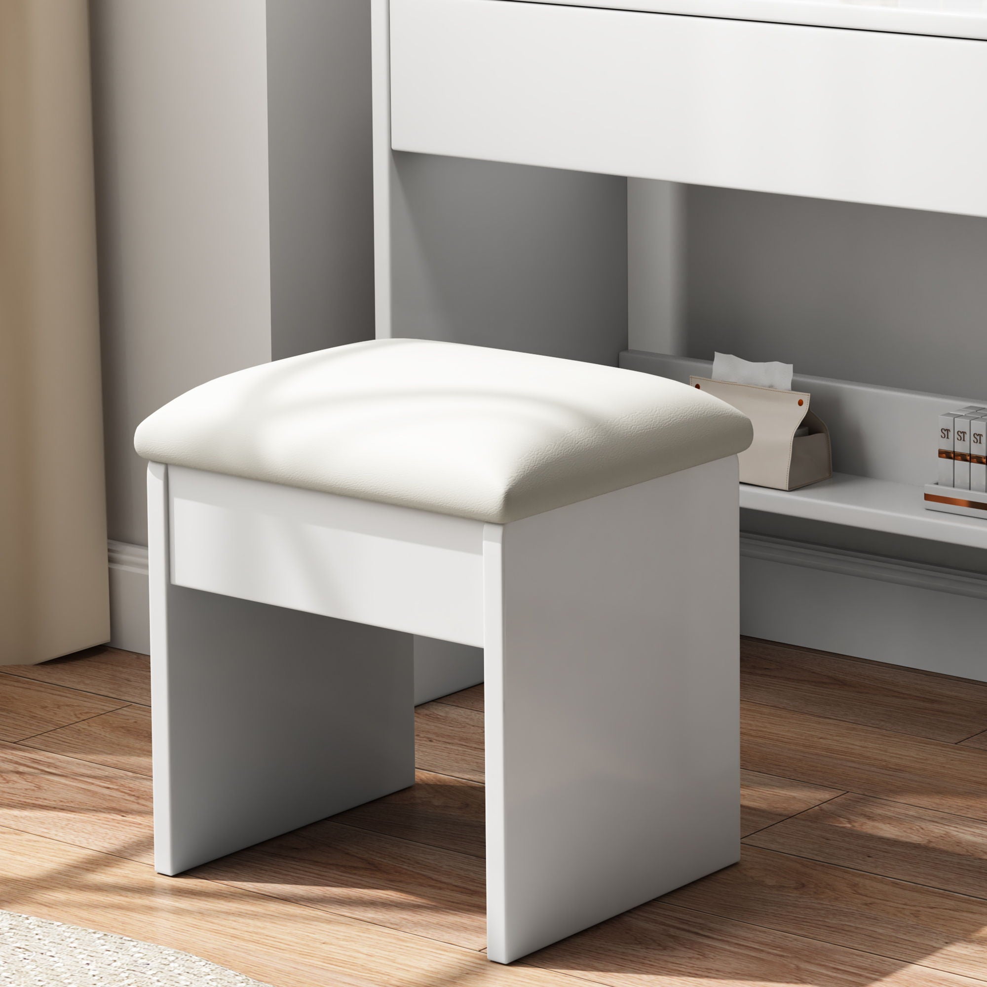 Fashion Vanity Desk With Mirror And Lights For Makeup, Hair Dryer Holder And Chair, Adjustable Lighting - White