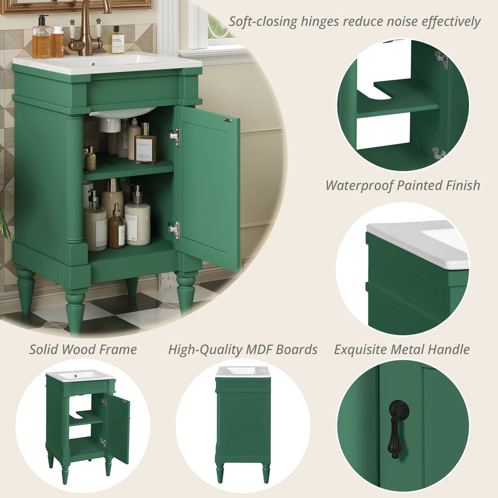 Bathroom Vanity With Sink, Compact Storage Cabinet With Door, Adjustable Shelf, Rectangular Style - Green