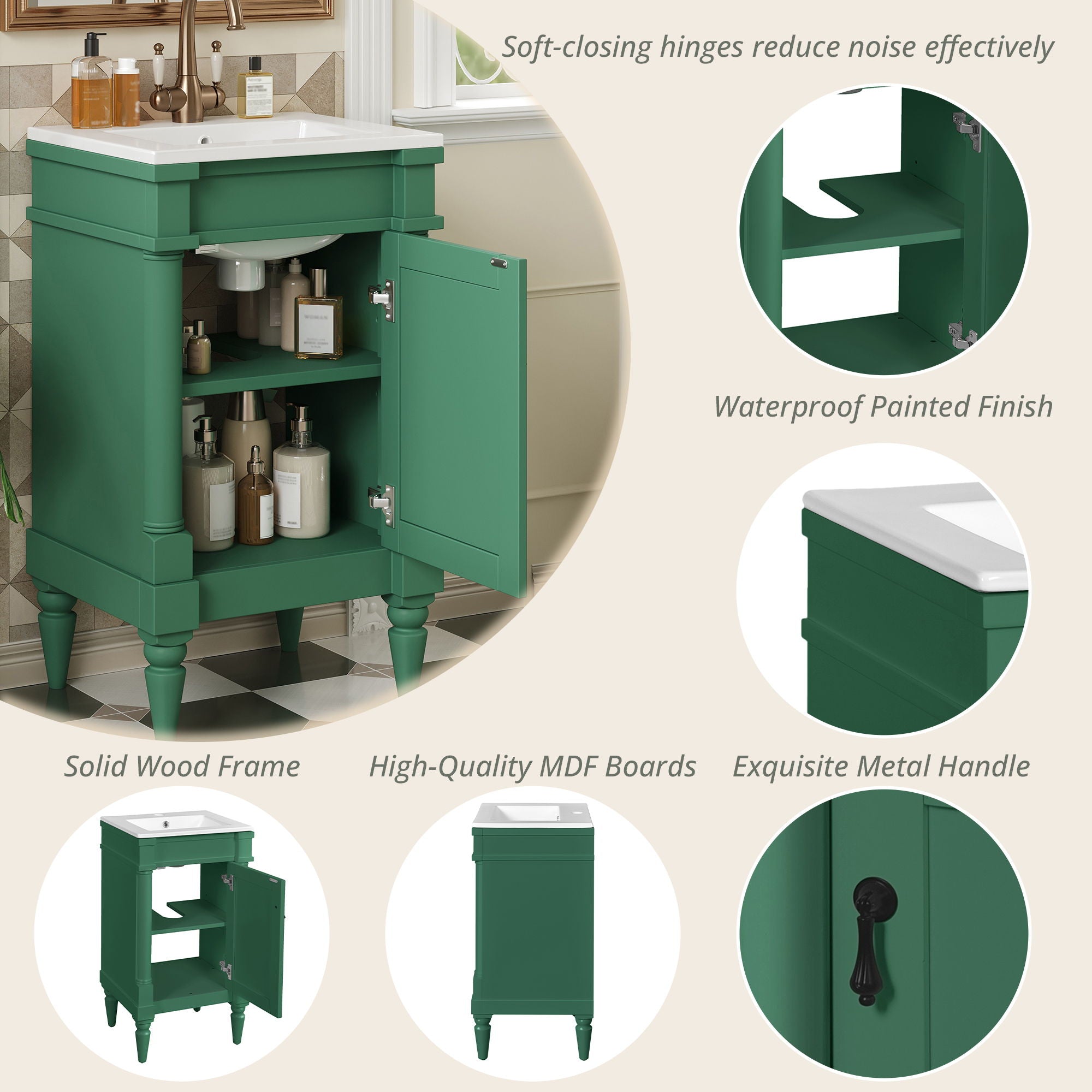 Bathroom Vanity With Sink, Compact Storage Cabinet With Door, Adjustable Shelf, Rectangular Style - Green