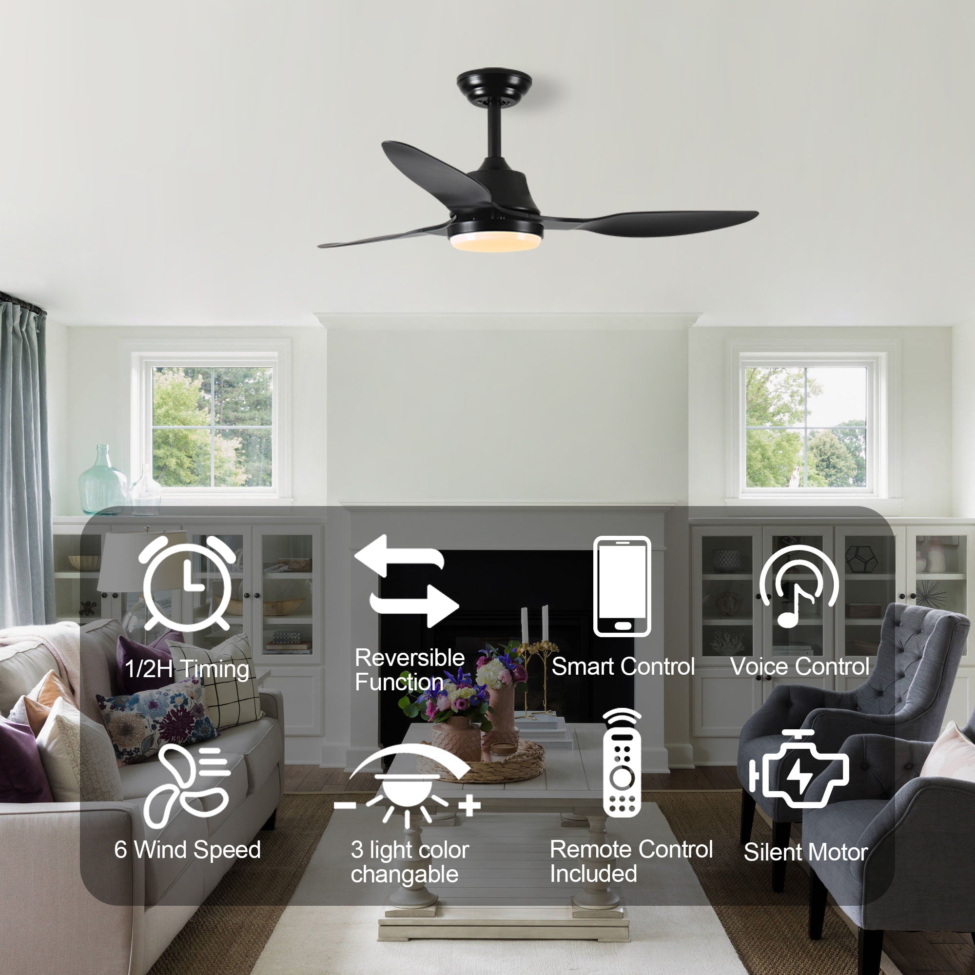 Ceiling Fan With Light, 3 Blades, Remote Control, 6 Speed Reversible DC Motor For Living Room - Black