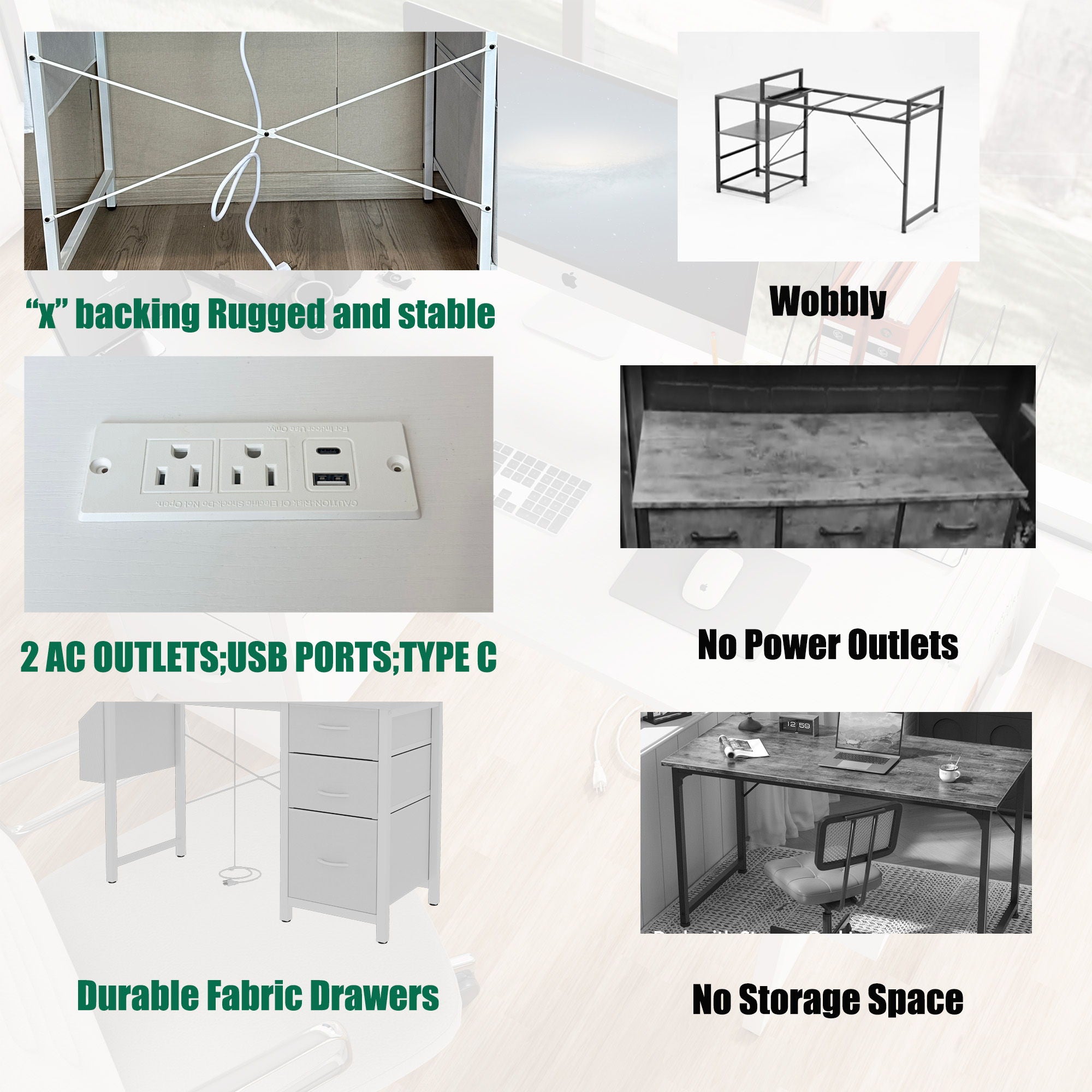 Office Desk With Power Outlet, 3 Drawers And Side Pocket For Office - White
