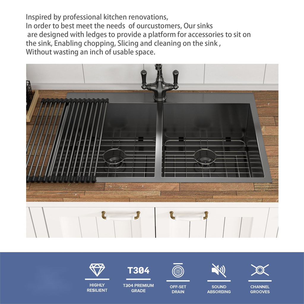Double Bowl Drop In Kitchen Sink, 16 Gauge Stainless Steel With 2 9" Deep Basins - Gunmetal Black
