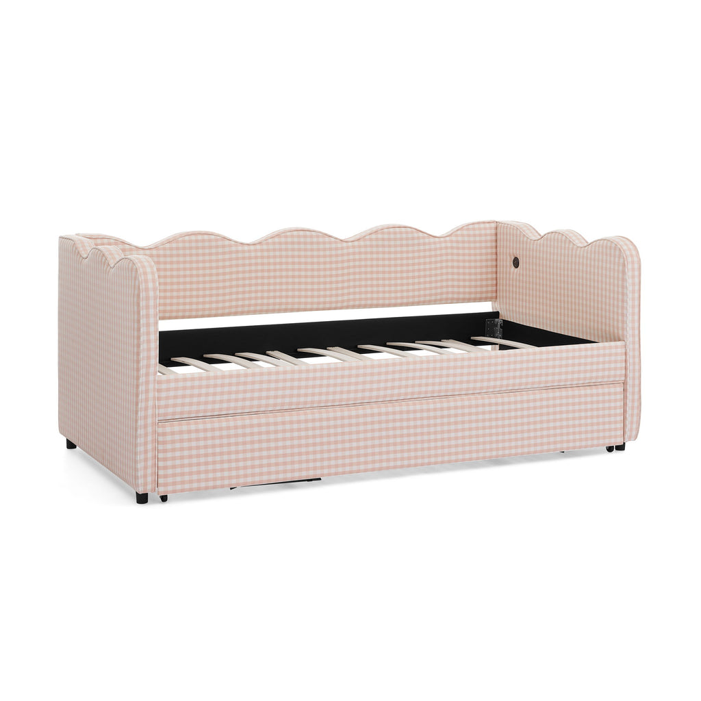 Gingham Daybed With USB Charging Port, Wave Shaped Design