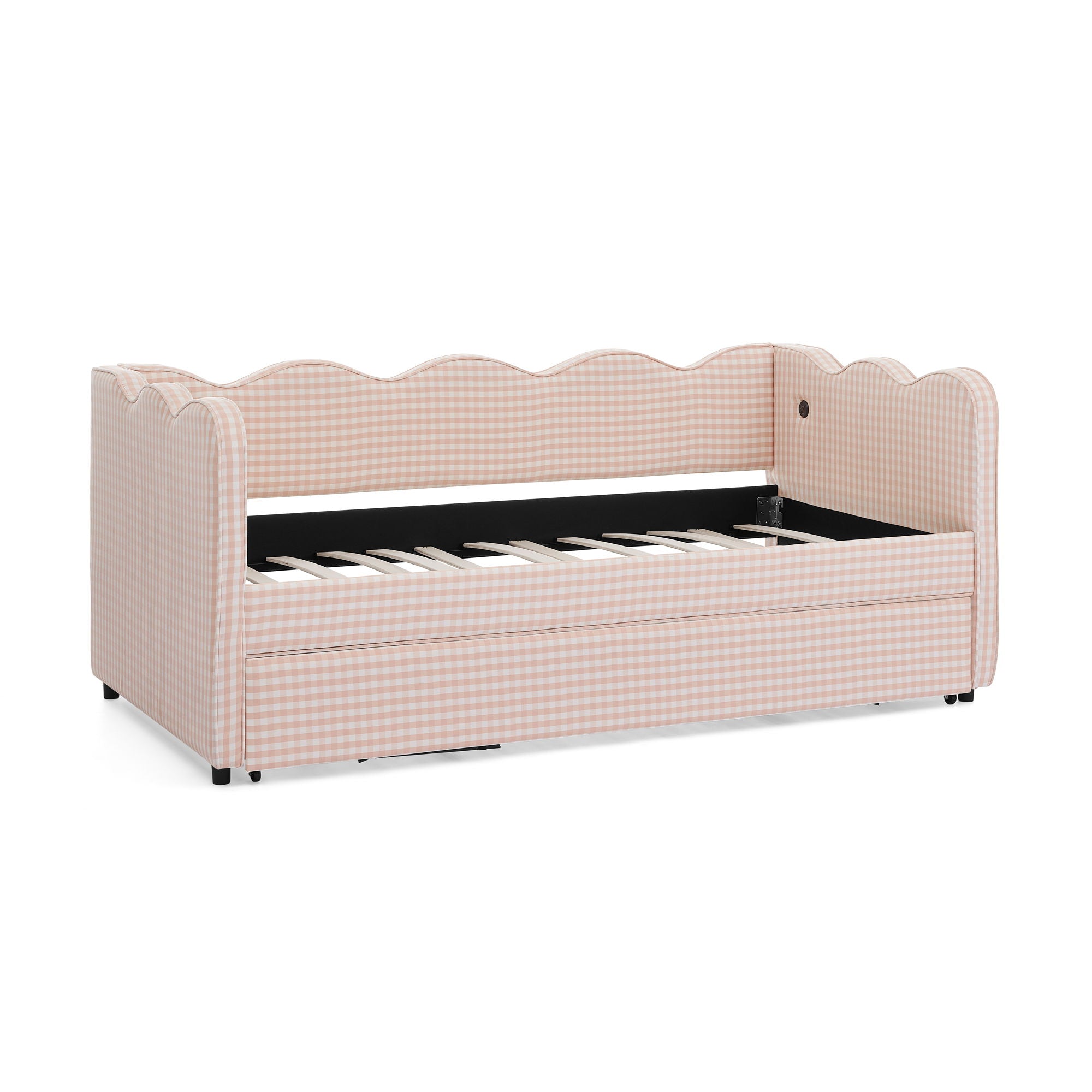 Gingham Daybed With USB Charging Port, Wave Shaped Design