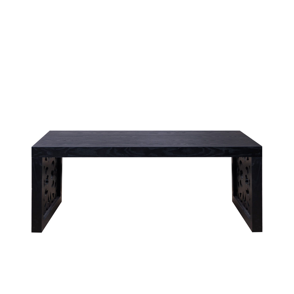 Rustic Carved Wood Coffee Table, Handcrafted Look With Ornate Side Panels