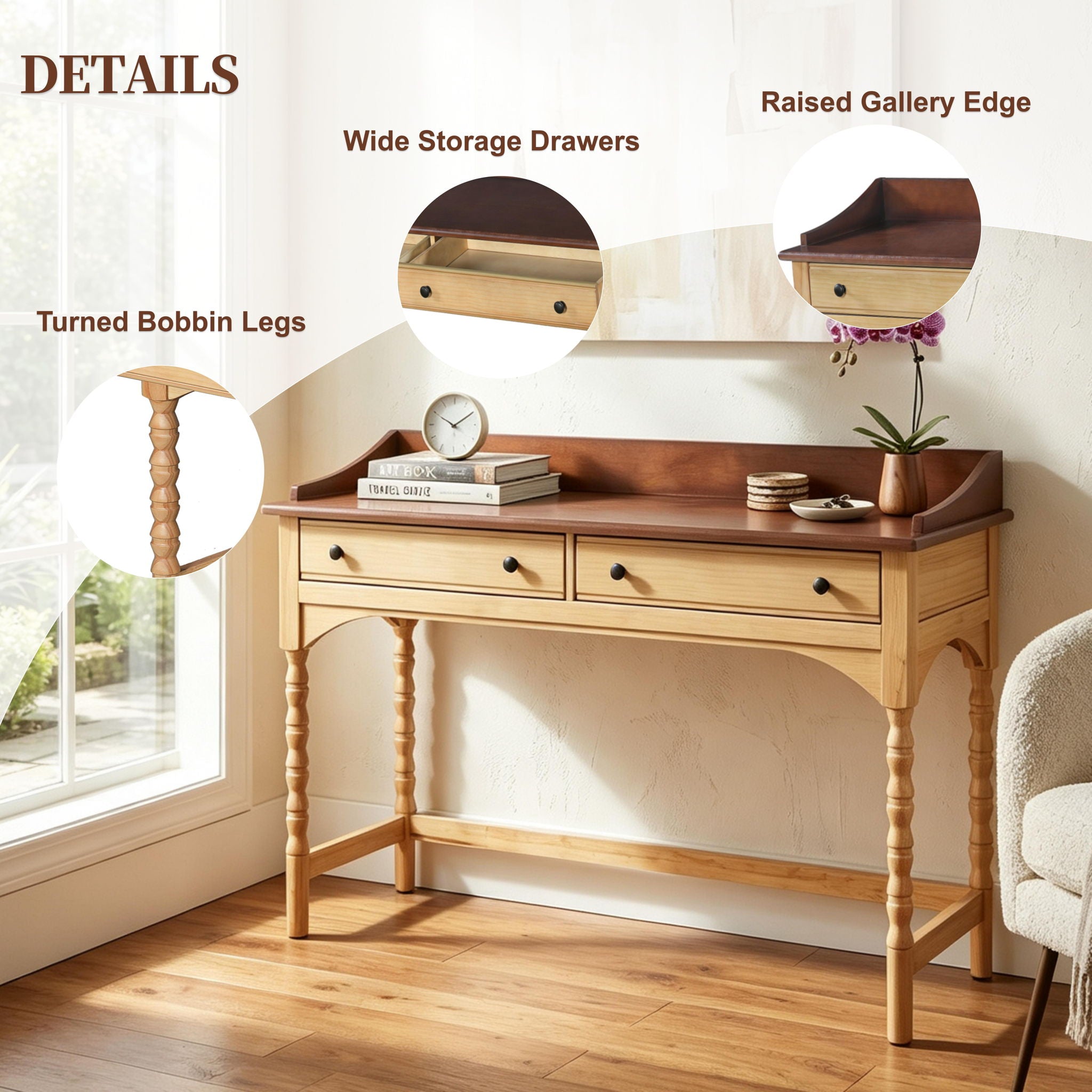 Writing Desk With 2 Storage Drawers, Workstation For Living Room - Brown / Natural
