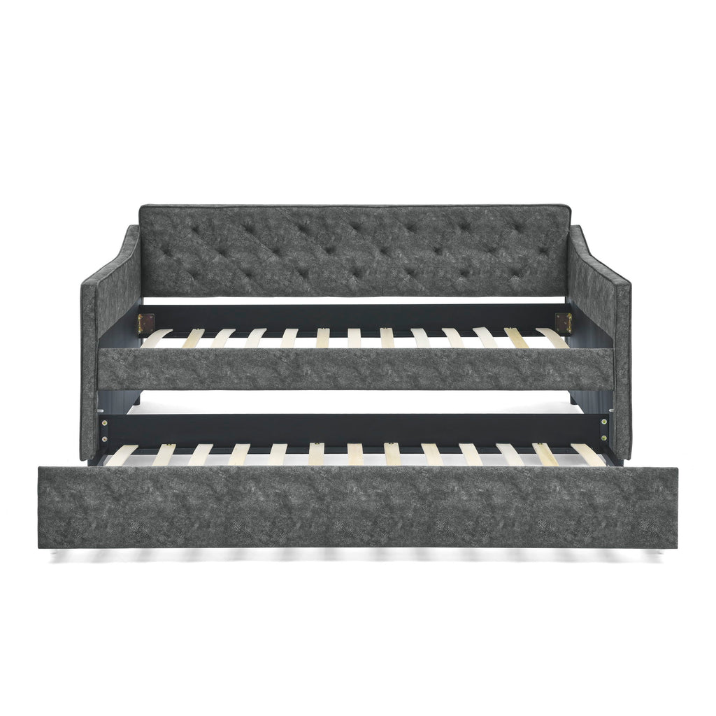 Twin Upholstered Daybed With Trundle, Waved Arms - Gray