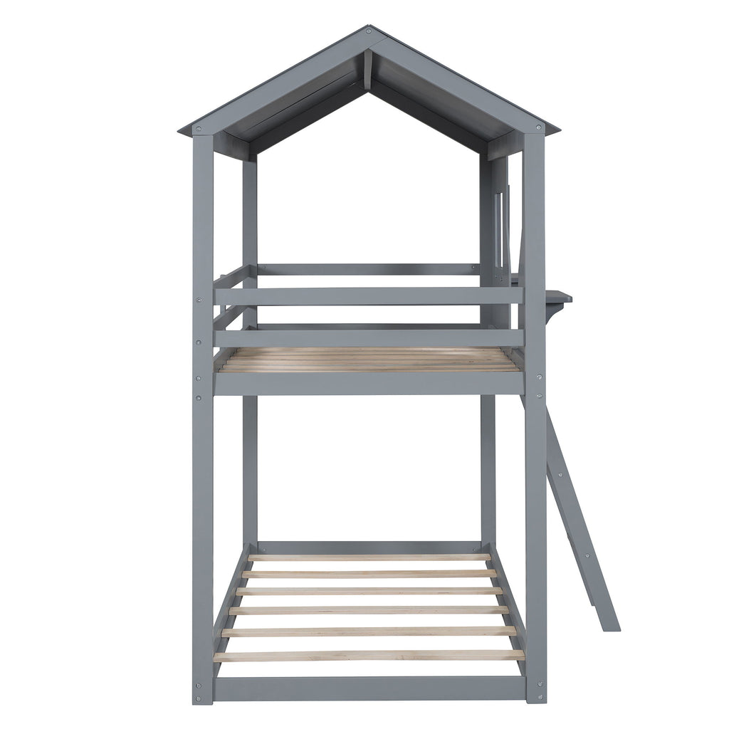 Twin Over Twin Bunk Bed With Roof, Window, Guardrail, Ladder