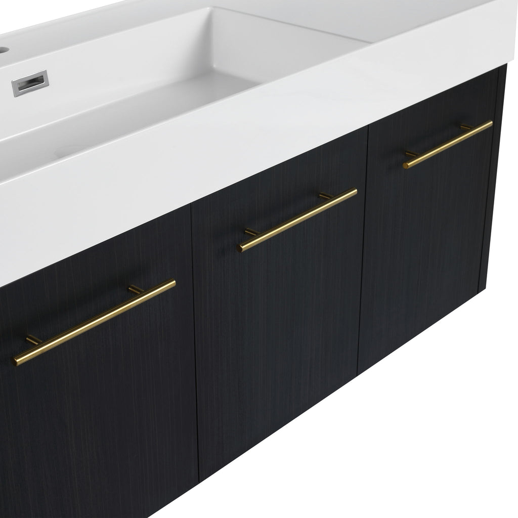 Modern Chestnut Wall Mounted Bathroom Vanity With Left Resin Sink And Storage Rack - Black Chestnut