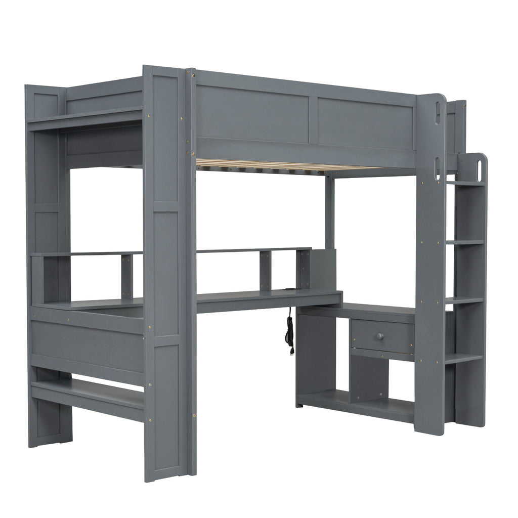 Gaming Loft Bed With Desk, Multi Storage Shelves, LED And Charging Station