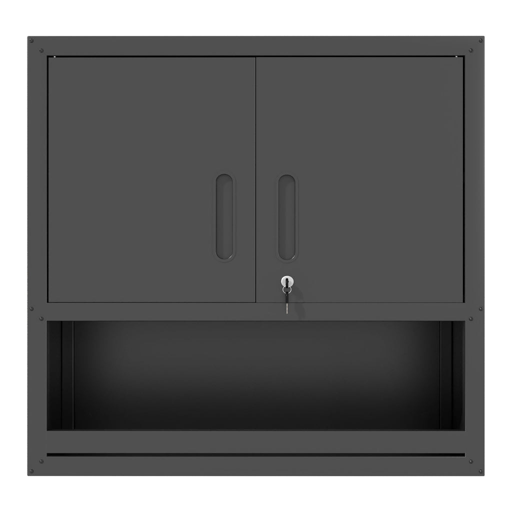 Wall-Mounted Storage Cabinet With Locking Door, 1 Shelf And Open Drawer - Black