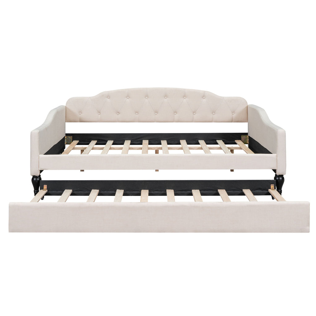 Upholstered Tufted Full Size Daybed With Twin Trundle - Beige