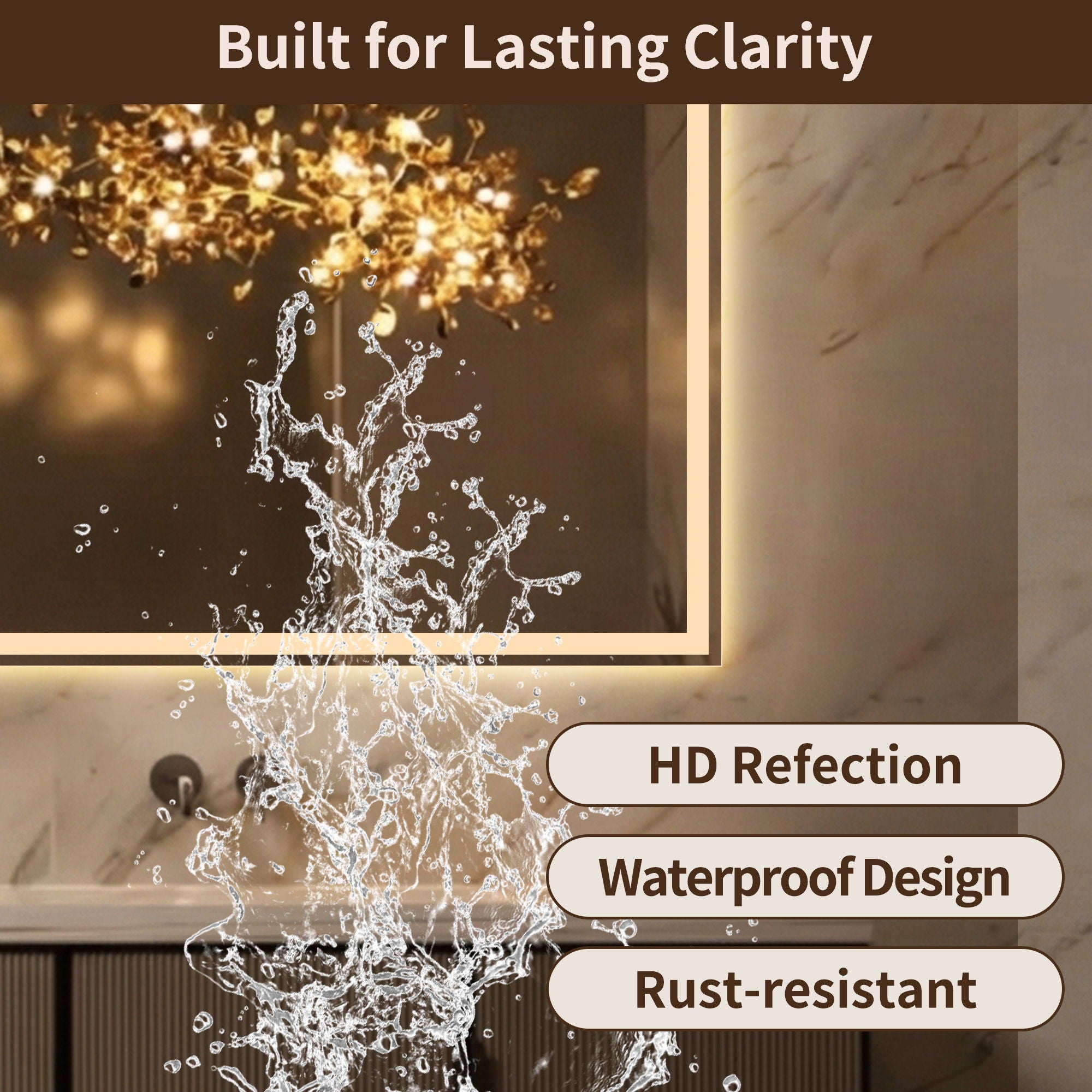 LED Bathroom Vanity Wall Mirror With Straight Edge Design, Frosted Glass Finish, Anti Fog, Dimmable 3 Color Lighting - Silver