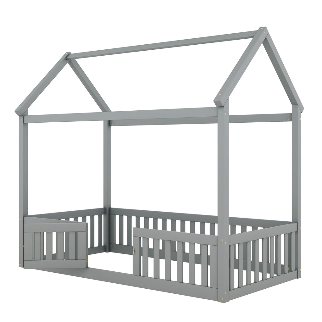 Wood House Bed With Fence And Door