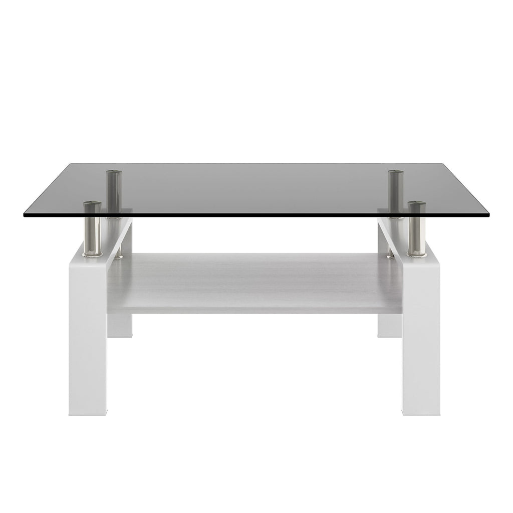 Modern Rectangular Coffee Table With Tempered Transparent Glass Top And Storage Shelf