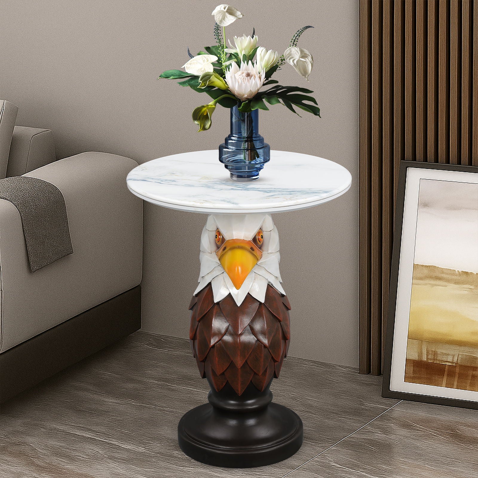 Eagle Head Accent Table, Animal Statue End Tables For Living Room - Brown / Antique White