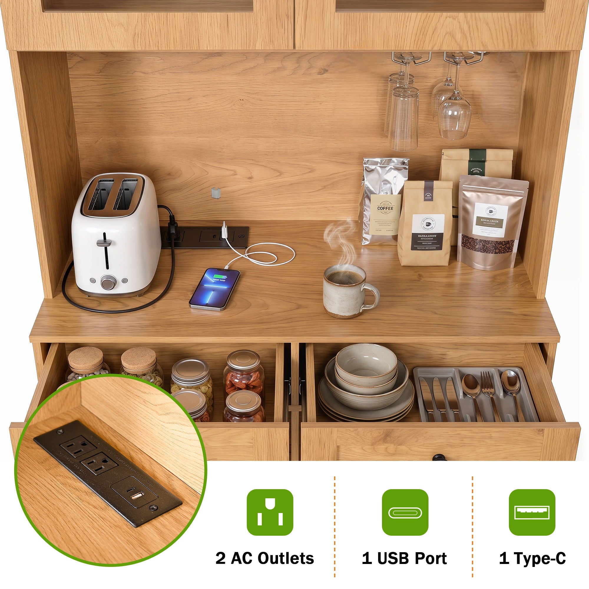 Tall Arched Pantry Cabinet With Charging Station, Adjustable Shelves, Coffee Bar