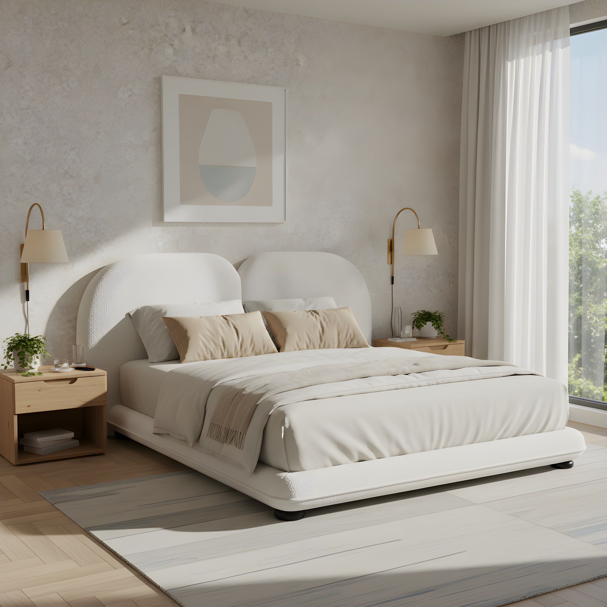 King Size Upholstered Platform Bed With Split Headboard - White
