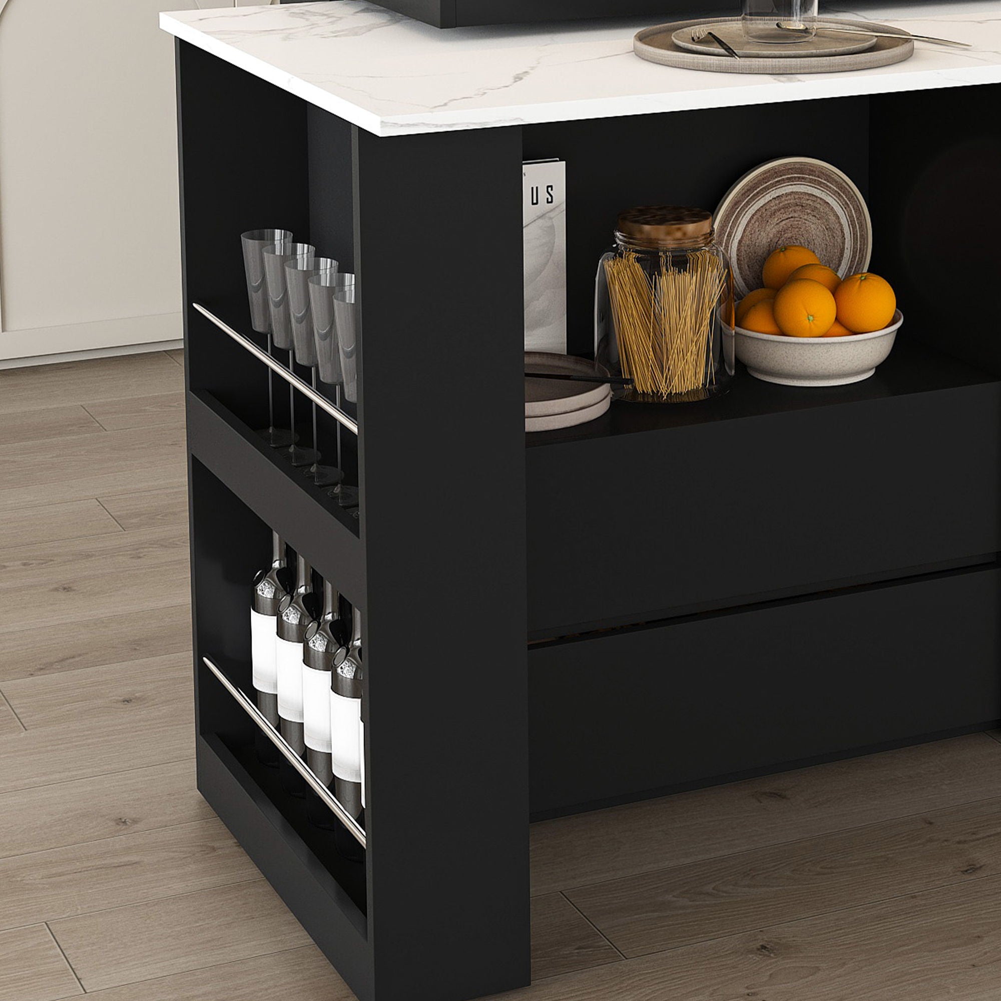Retro Kitchen Island Set With Chairs, Extendable & Rotating Table, 4 Drawers & Door Cabinets